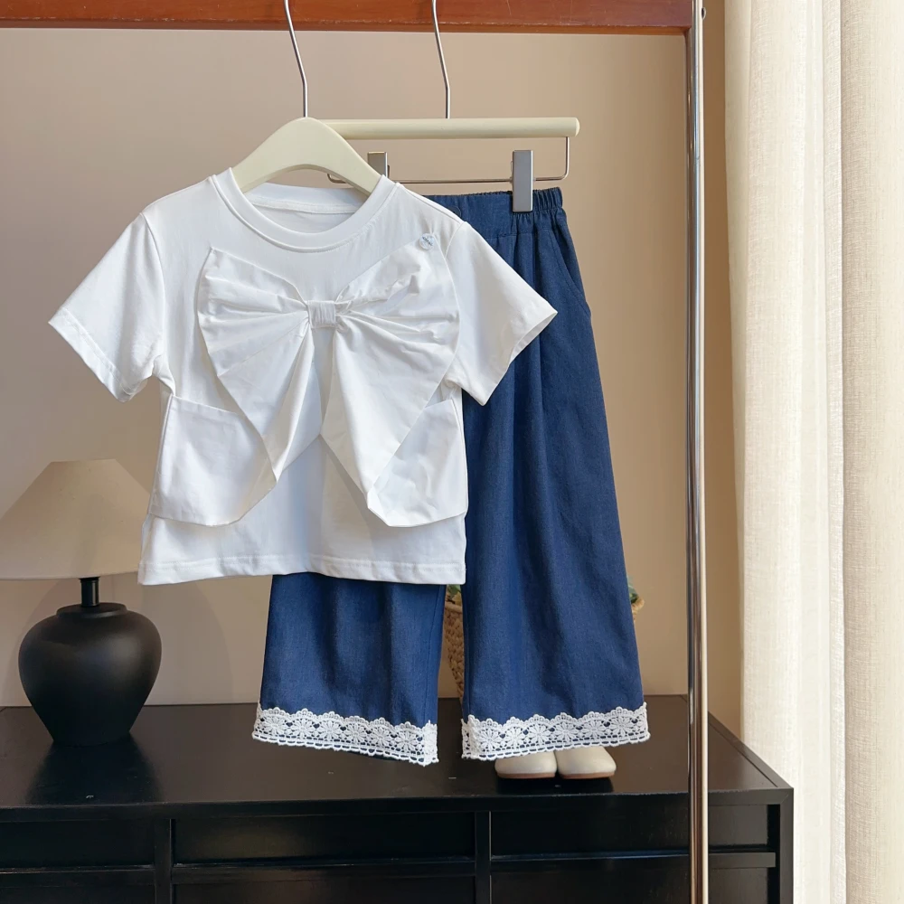 现货【白色蝴蝶结】100棉夏装5438女童洋气甜美百搭纯色T恤