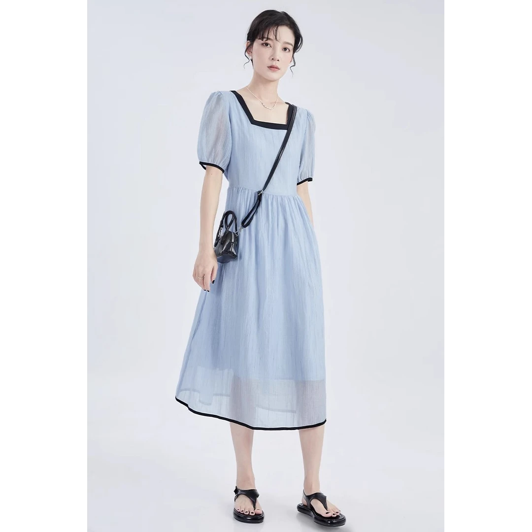 蓝色方领泡泡袖连衣裙女系带收腰显瘦垂感中长裙21079