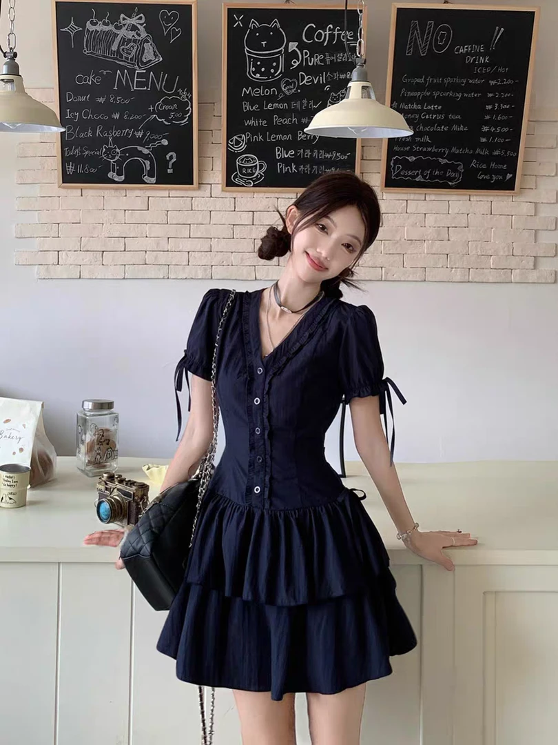 花边v领短袖连衣裙2025夏季新款收腰显瘦系带A字裙蛋糕1892/1891