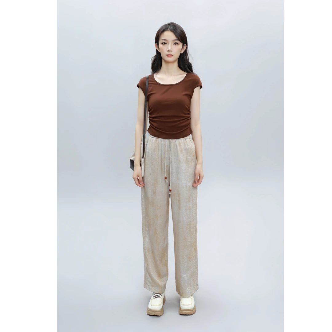 OO&VV夏季三件套高腰阔腿裤扎染上衣+休闲裤复古女士职场休闲风