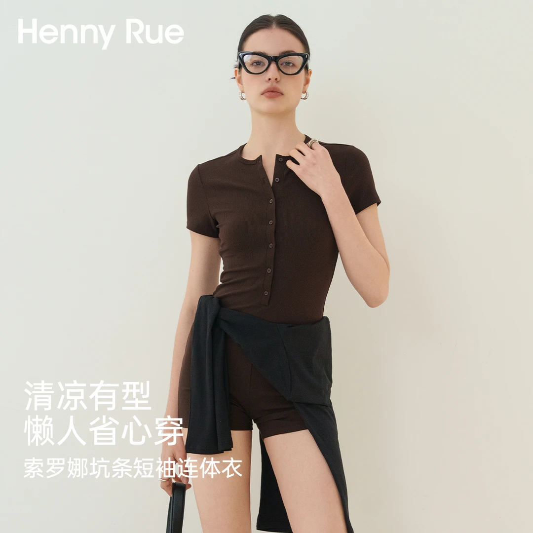 HennyRue亨尼露春夏女士索罗娜坑条短袖连体衣显瘦休闲25252