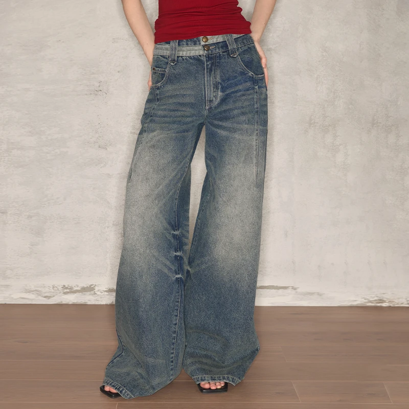 wooha 吾哈2025早秋新款复古潮流双色腰头宽松牛仔裤