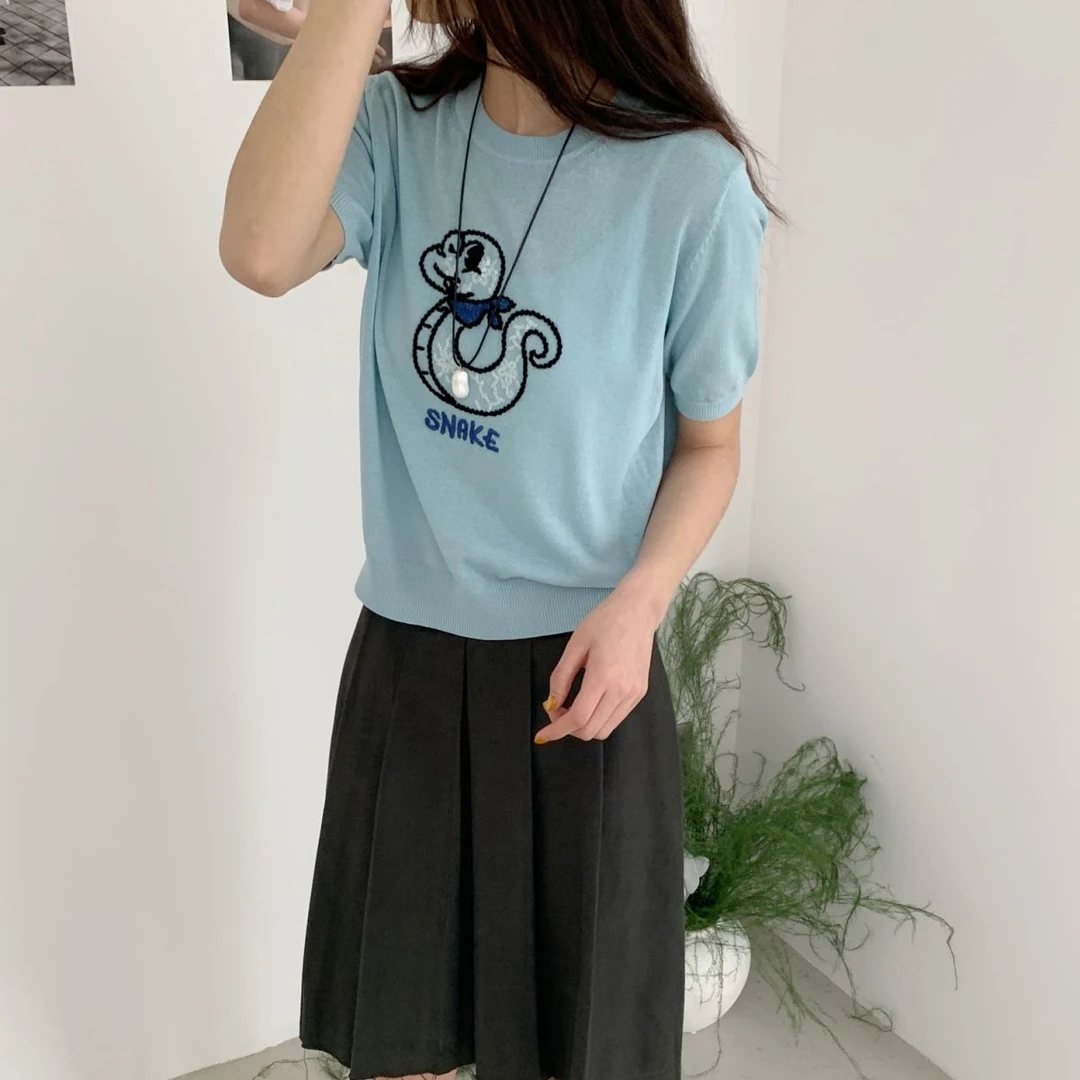 【素简.960197】春款上新天爽亚麻萌蛇图案混纺针织衫（4.15福利）