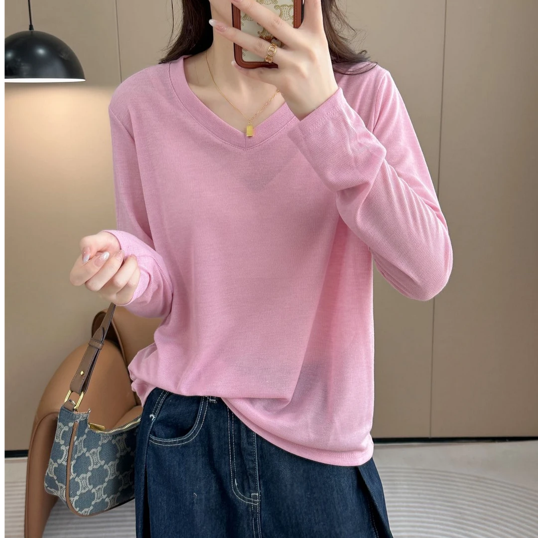 长袖打底金标细绒纯色百搭V领打底衫显瘦套头针织春秋111