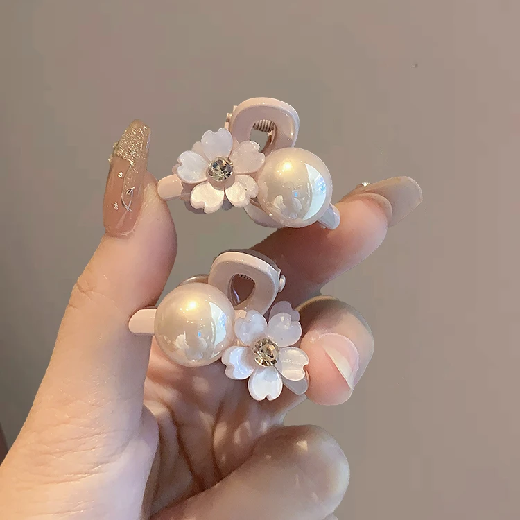 迷你小抓夹甜美粉色珍珠花朵新款前额侧边碎发夹子小号顶夹对夹女
