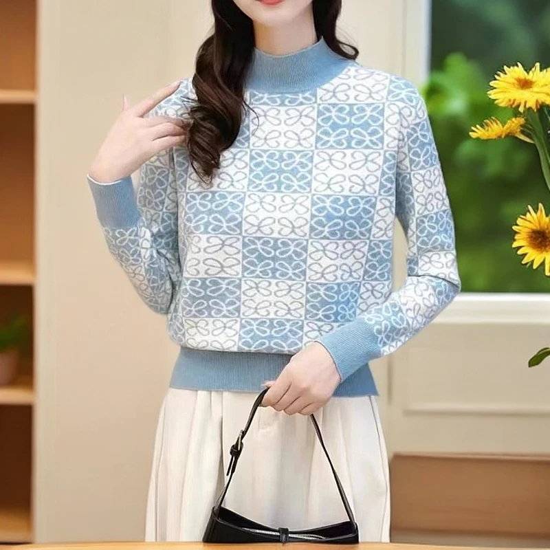 805【浅蓝棋盘格加厚针织衫】高级感气质针织女秋冬半高领时尚毛衣
