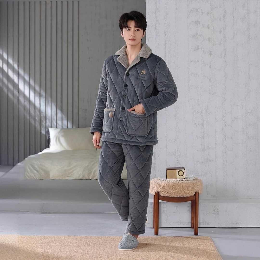 新款海岛绒男士三层夹棉加厚睡衣奢华套装中年男士睡衣家居服