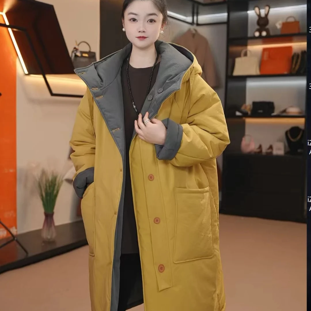 连帽长款加厚冬季宽松型风衣双面双穿棉服外套女装266