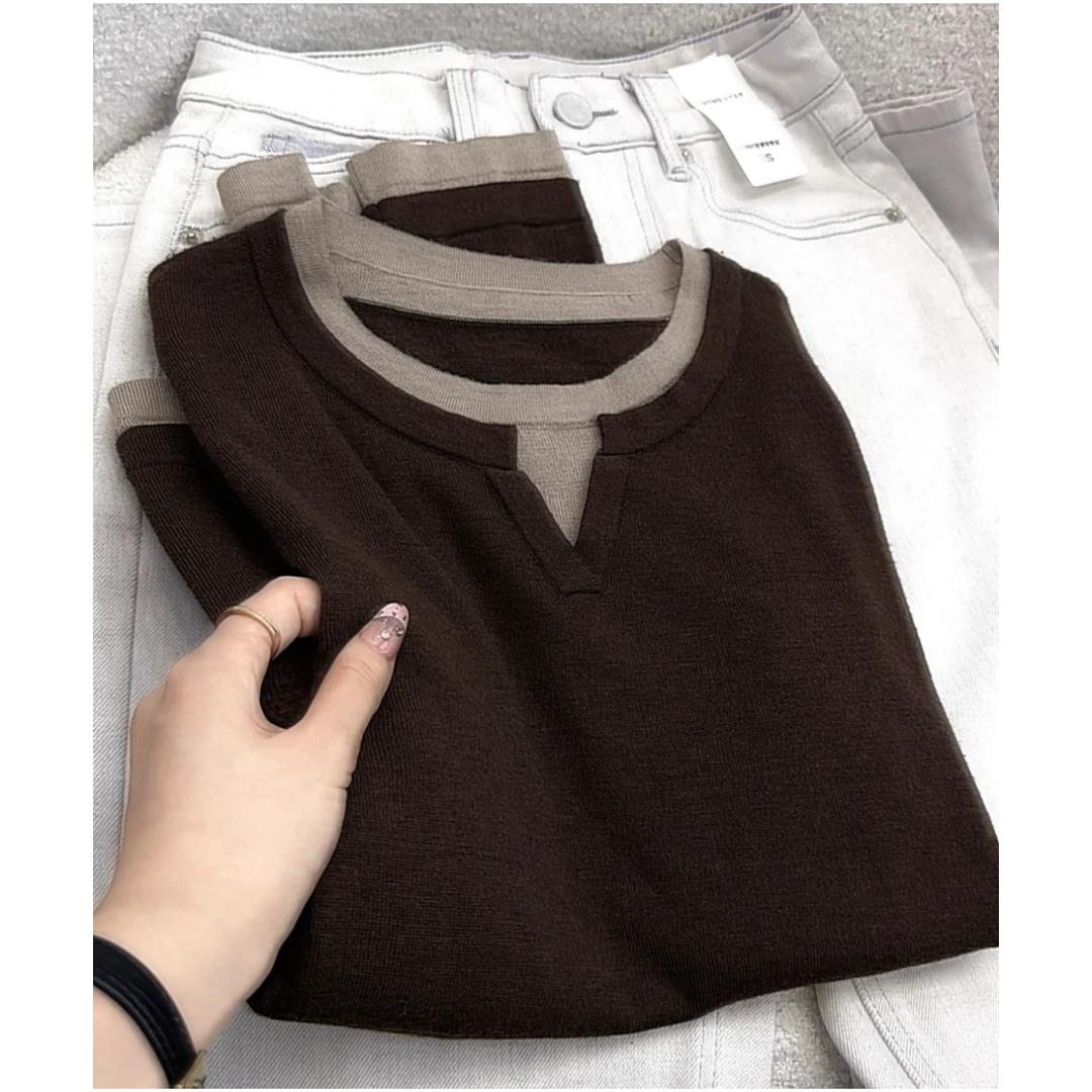 板栗棕假两件」夏秋衔接必入！薄而高级显瘦闲适感拿捏针织衫女上衣