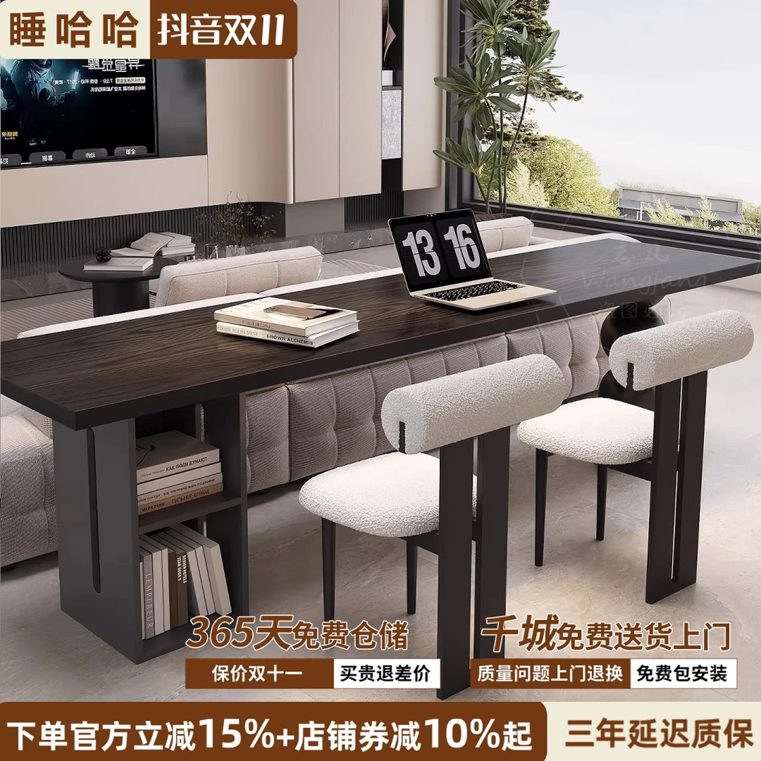 意式极简黑色客厅书桌写字桌横厅沙发后长桌双人桌子学习书桌家用