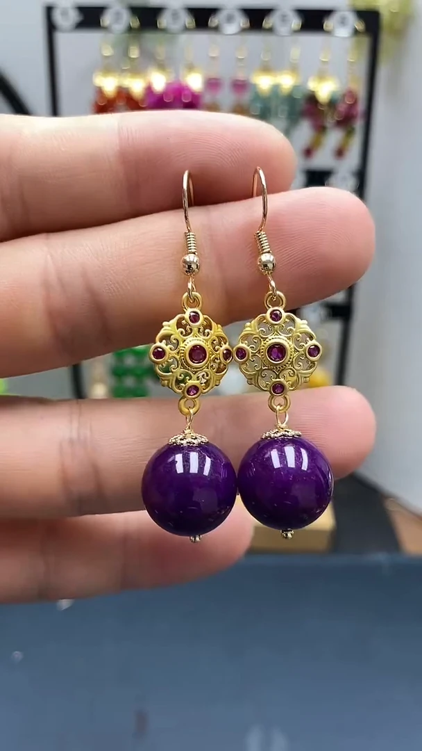 苏纪石（舒俱来）银S925镀金镶嵌耳坠尺寸14mmQ4