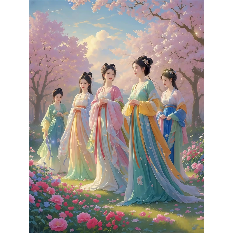 古风美女赏花游玩贴纸室内卧室玄关贴墙防水不留胶人物海报贴画