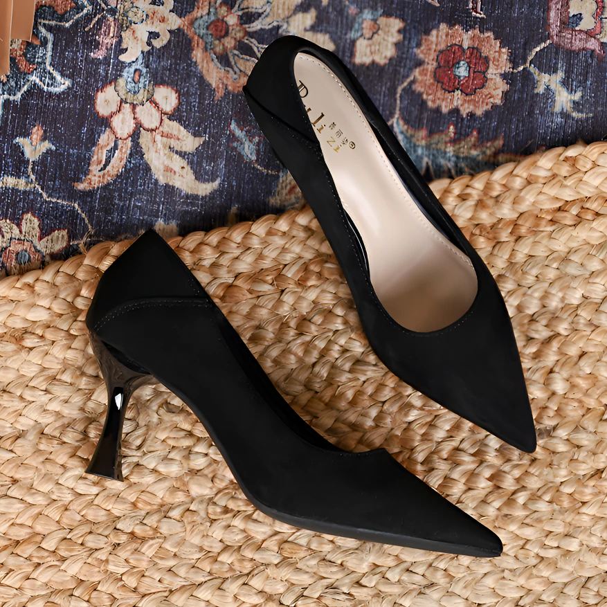 尖头浅口高跟女单鞋春秋新款气质百搭中跟单鞋细跟绒面黑色工作鞋