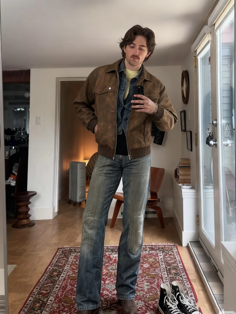 【街头代码】100%绵羊皮男士皮衣机车外套复古做旧夹克男秋冬潮流