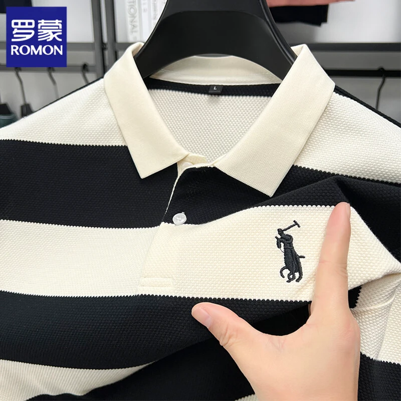 Romon/罗蒙高端条纹纯棉Polo衫男士夏季翻领t恤高级刺绣马标短袖