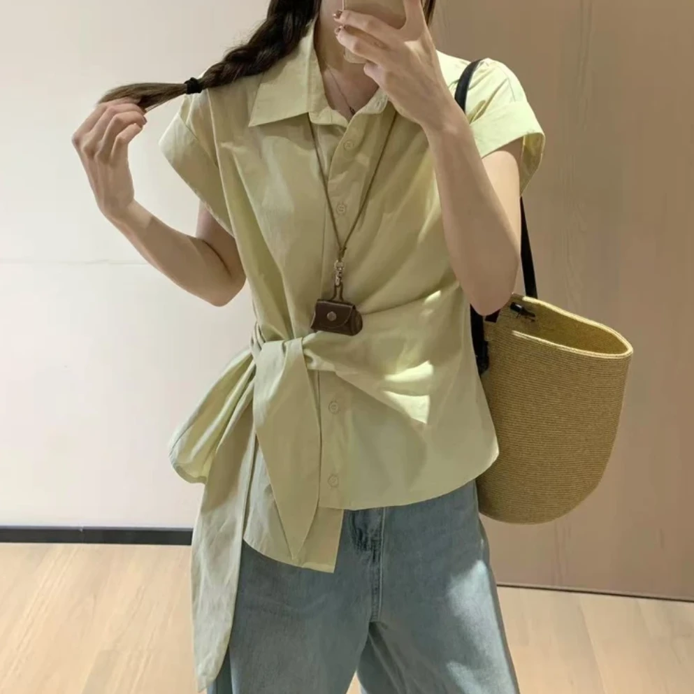 韩搬设计感绑带收腰显瘦女衬衣2025年新款夏日领休闲薄款减龄衬衫