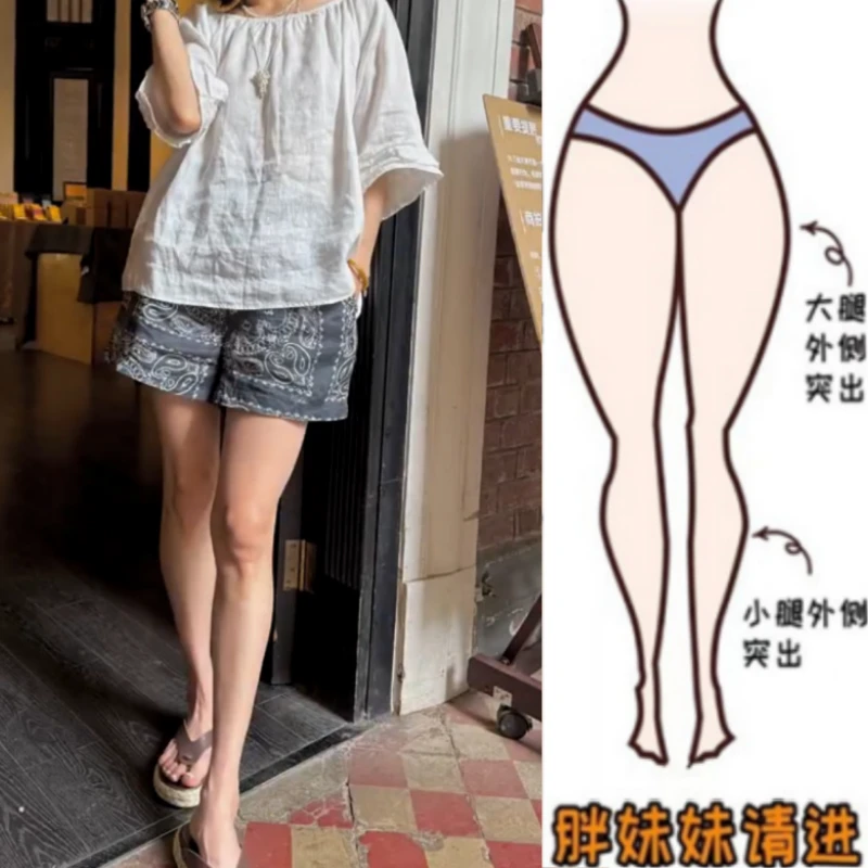 格洛森胖妹妹夏季新款梨型身材松紧高腰显瘦休闲裤亚麻民族风短裤