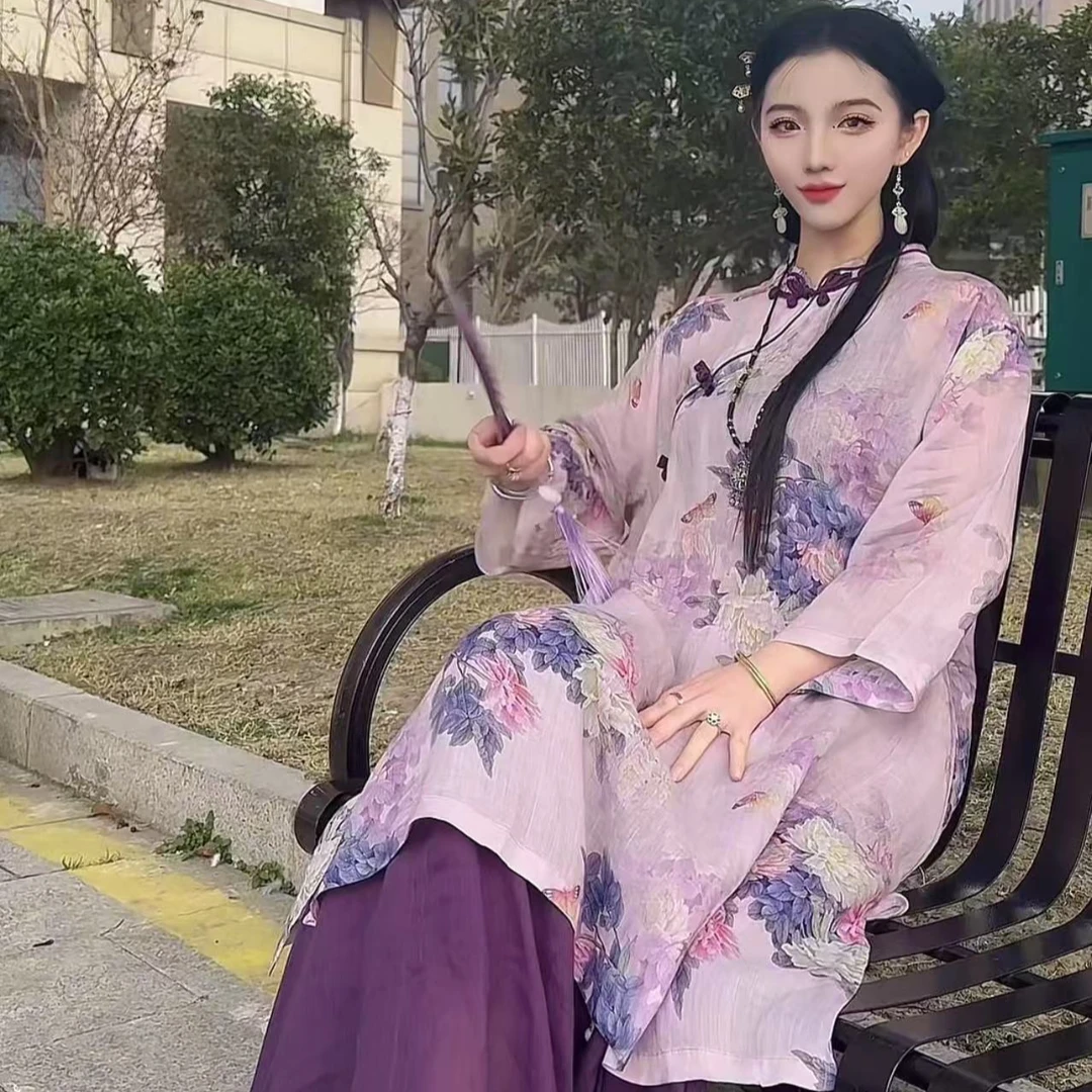 【长公主款紫牡丹】复古国风纯苎麻印花夏季圆领斜襟盘扣茶服上衣