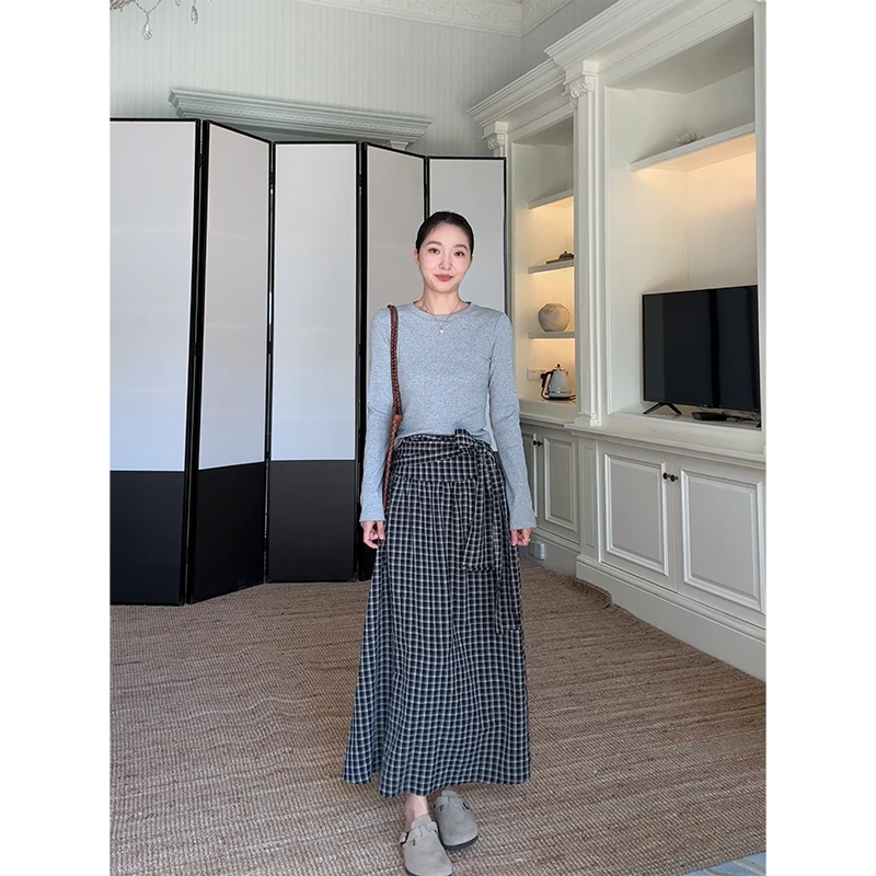 郭九九呢 棉弹力基础修身显瘦长袖t恤系带格子半身裙 G925A01051