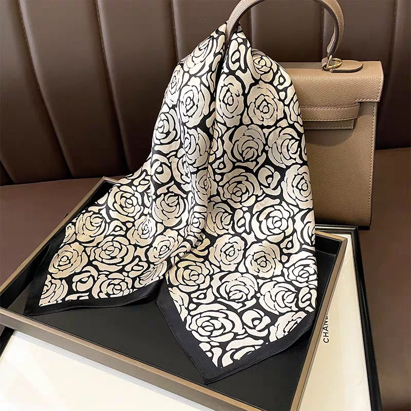 【黑白玫瑰】纯100桑蚕丝素绉缎方巾时尚春夏季山茶花百搭真丝围巾