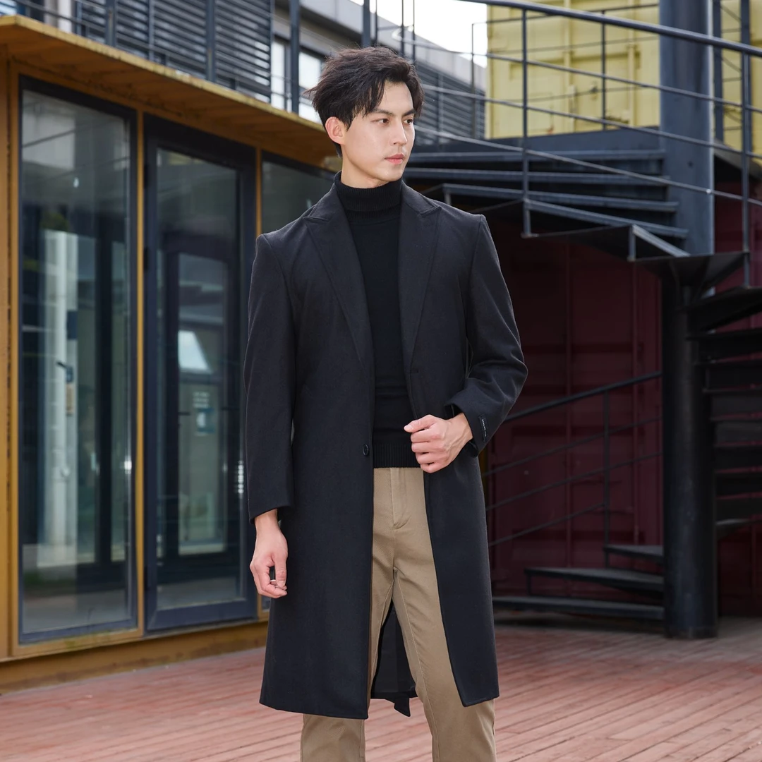 新款黑色商务毛呢风衣长款羊毛大衣男士灰色过膝休闲大衣192962