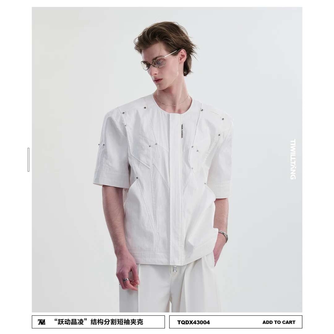 TIWILLTANG启世录“跃动晶凌"无领结构分割短袖夹克宽松刺绣上衣