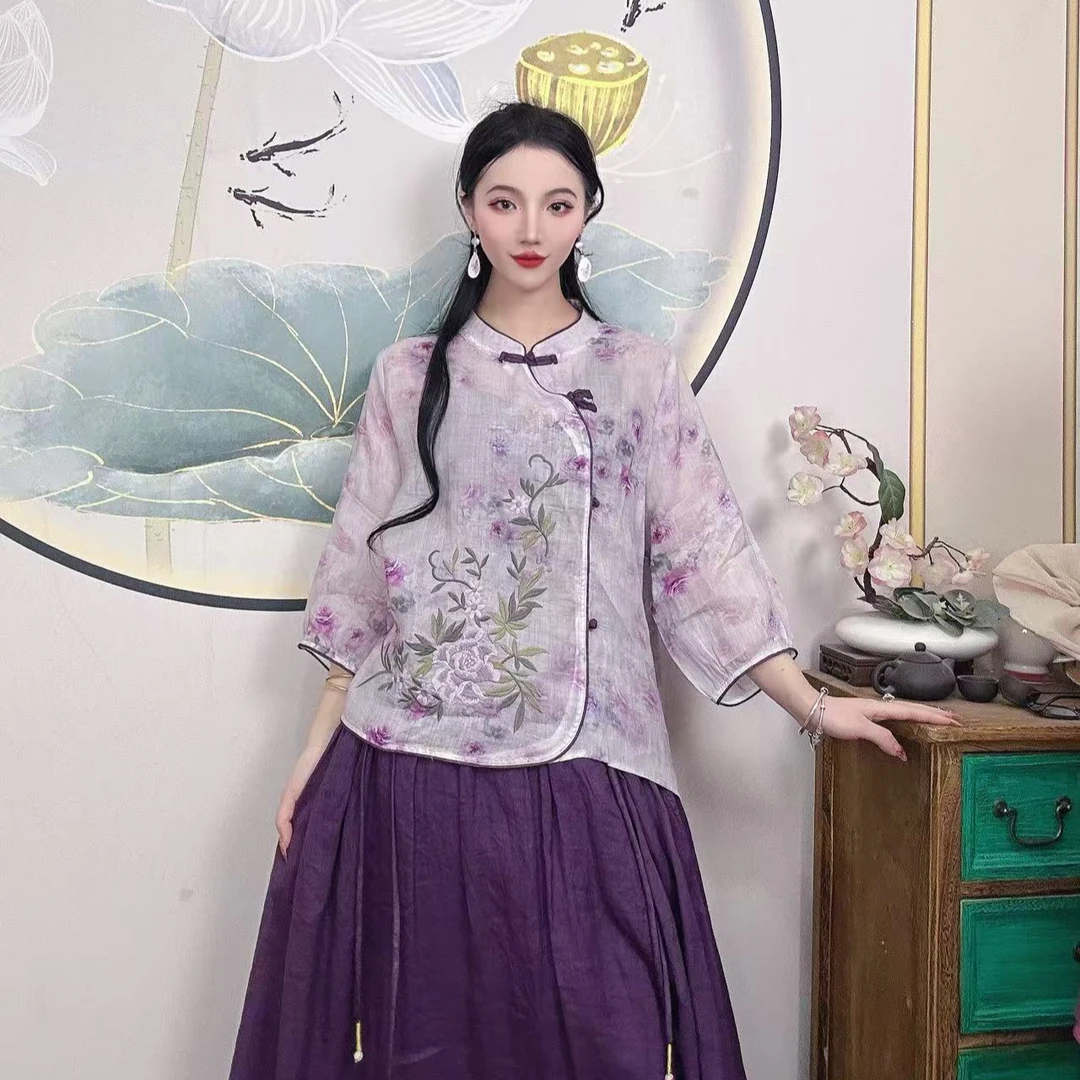 【 朝花夕拾】复古国风纯苎麻印花夏季圆领斜襟盘扣中长款茶服上衣