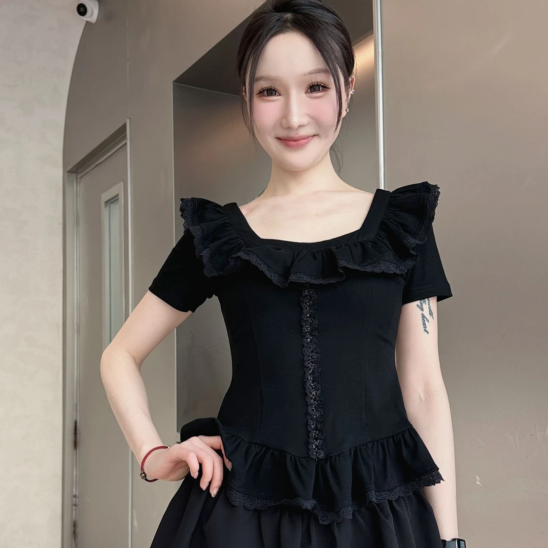 大花边装饰蕾丝性感收腰短袖T弹力显瘦气质修身短款新时尚百搭