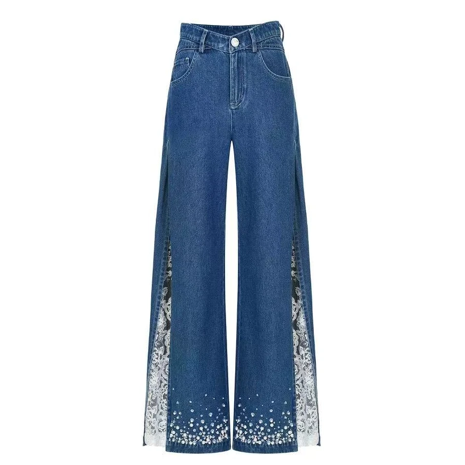 LeFame/拉飞姆25夏牛仔蕾丝拼接休闲长裤女士牛仔裤LF25X21NP037