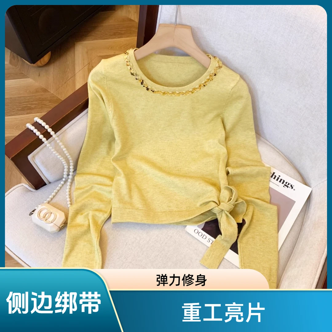 法式亮片装饰侧开叉绑带长袖T恤女秋季不规则修身别致洋气衣服女