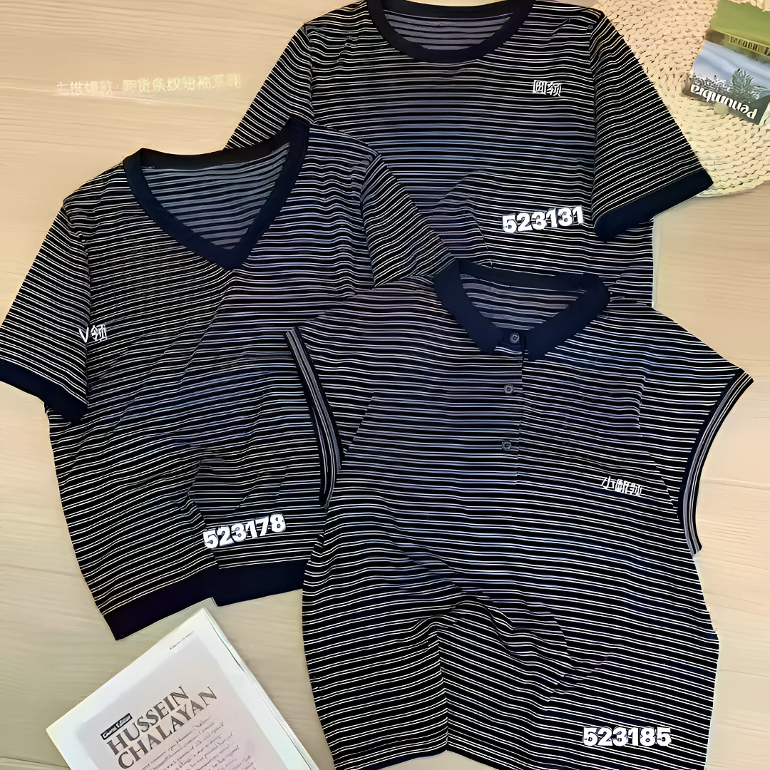 韩版休闲宽松短袖上衣洋气小众设计小翻领领条纹显瘦针织衫T恤女