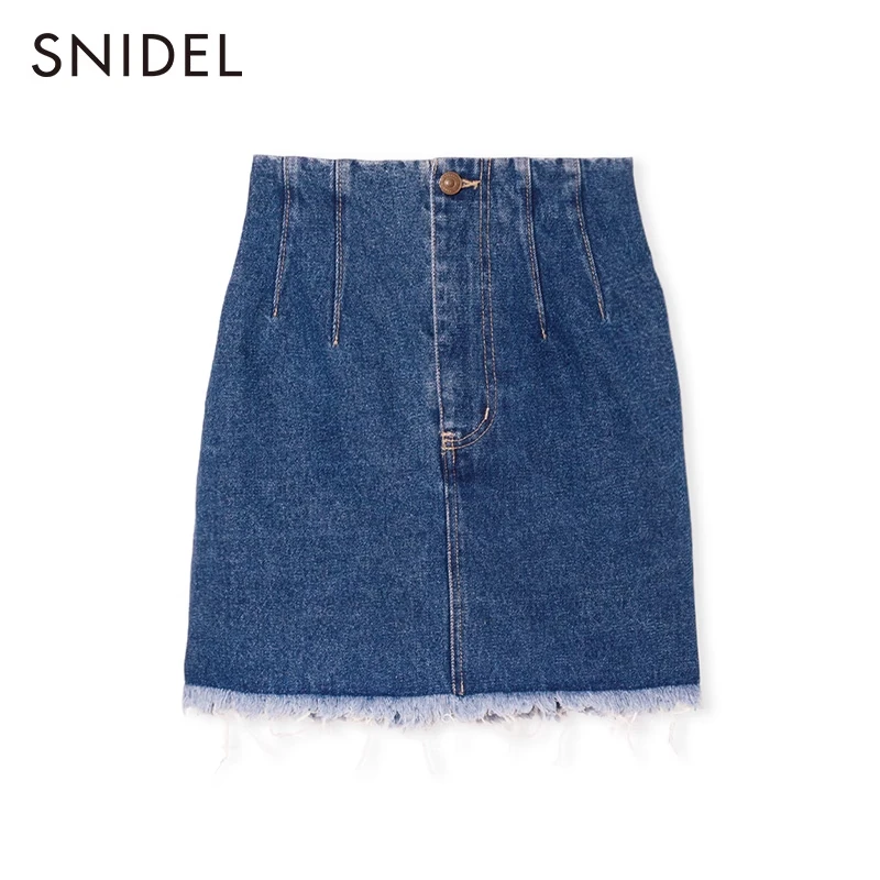 SNIDEL简约百搭仿皮牛仔毛边高腰A字短裙SWFS231174