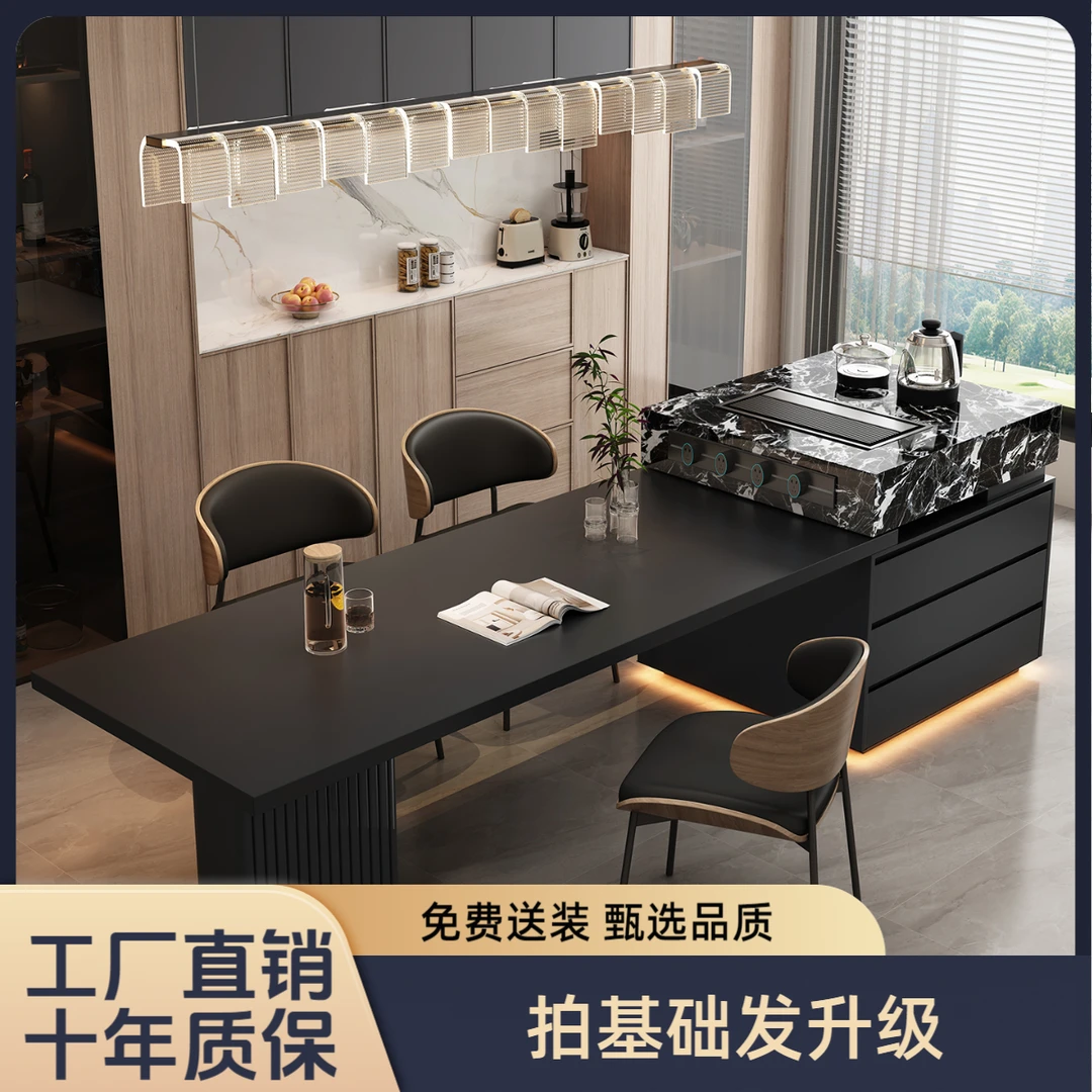 意式极简可伸缩多功能岛台餐桌一体家用高级中岛台厨房岩板导倒台
