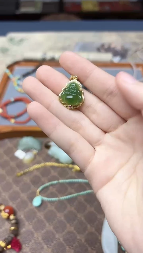 银S925镶嵌和田玉挂件s925银碧玉佛公GW赠链