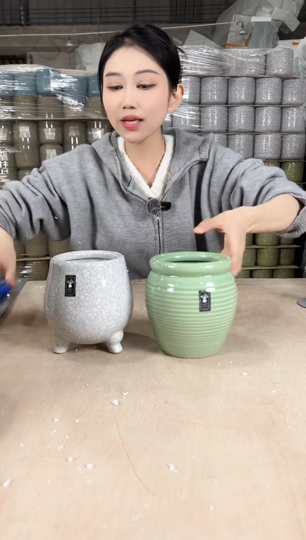 【闪购商品】陶瓷蜜罐裂纹浅绿+三脚裂纹灰白11x14