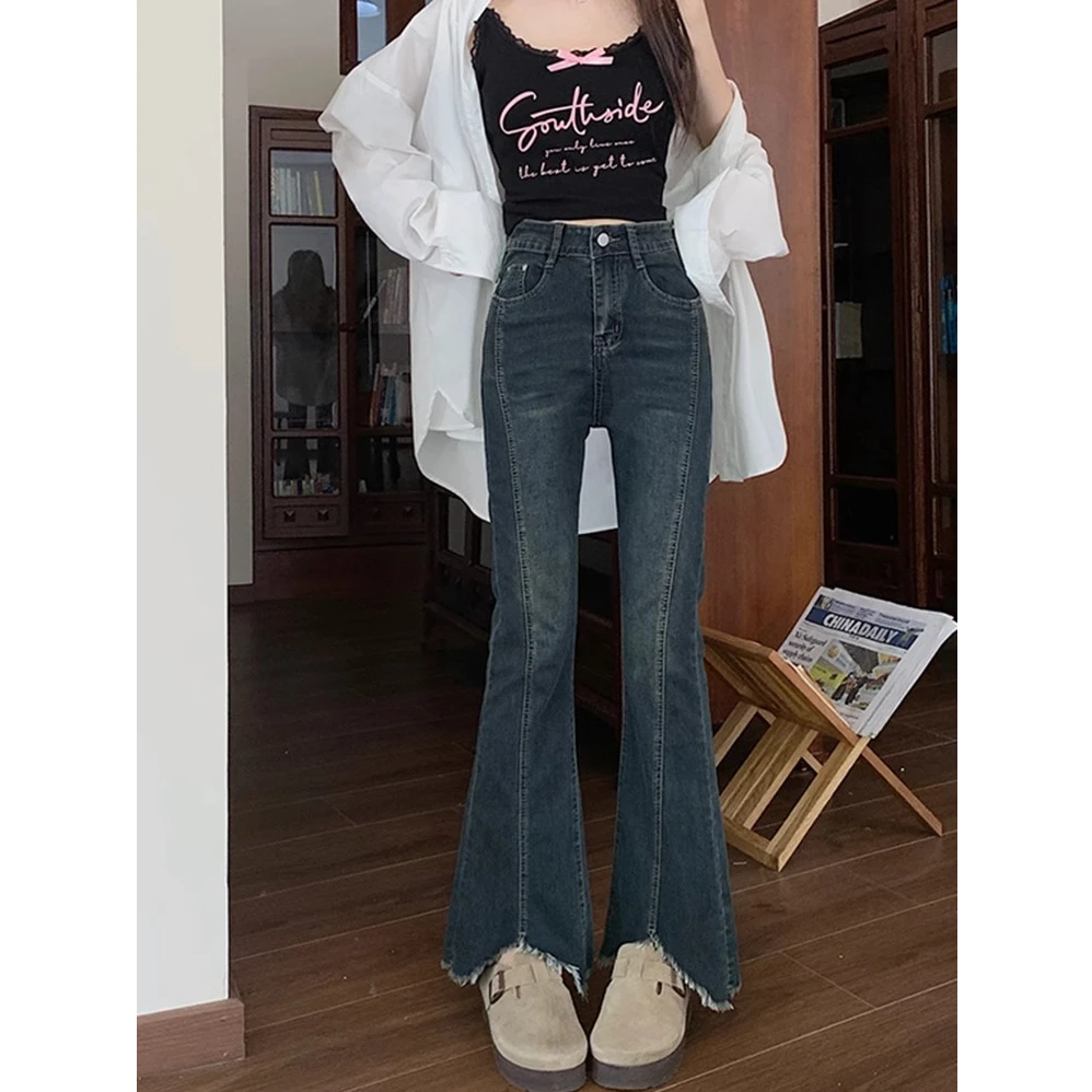 【现货+运险】早秋大码微喇开叉牛仔女新款胖m高腰显瘦遮跨喇叭裤