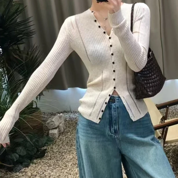 2025秋季新款修身显瘦上衣设计感单排扣显瘦长袖针织衫C5919