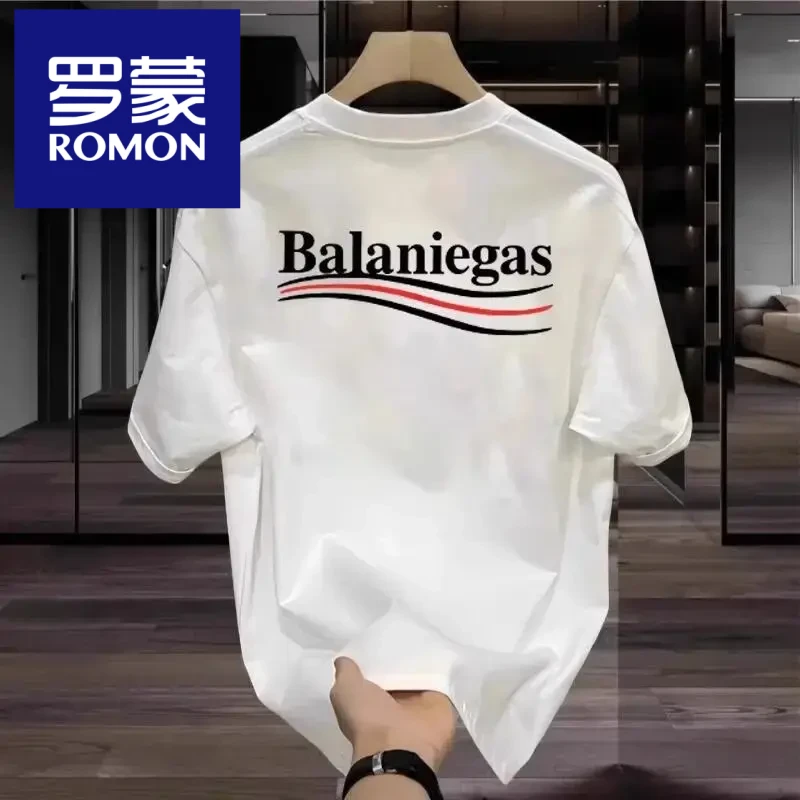 罗蒙时尚T恤男士2025春夏季新款B字母纯棉恤休闲短袖宽松半袖体恤