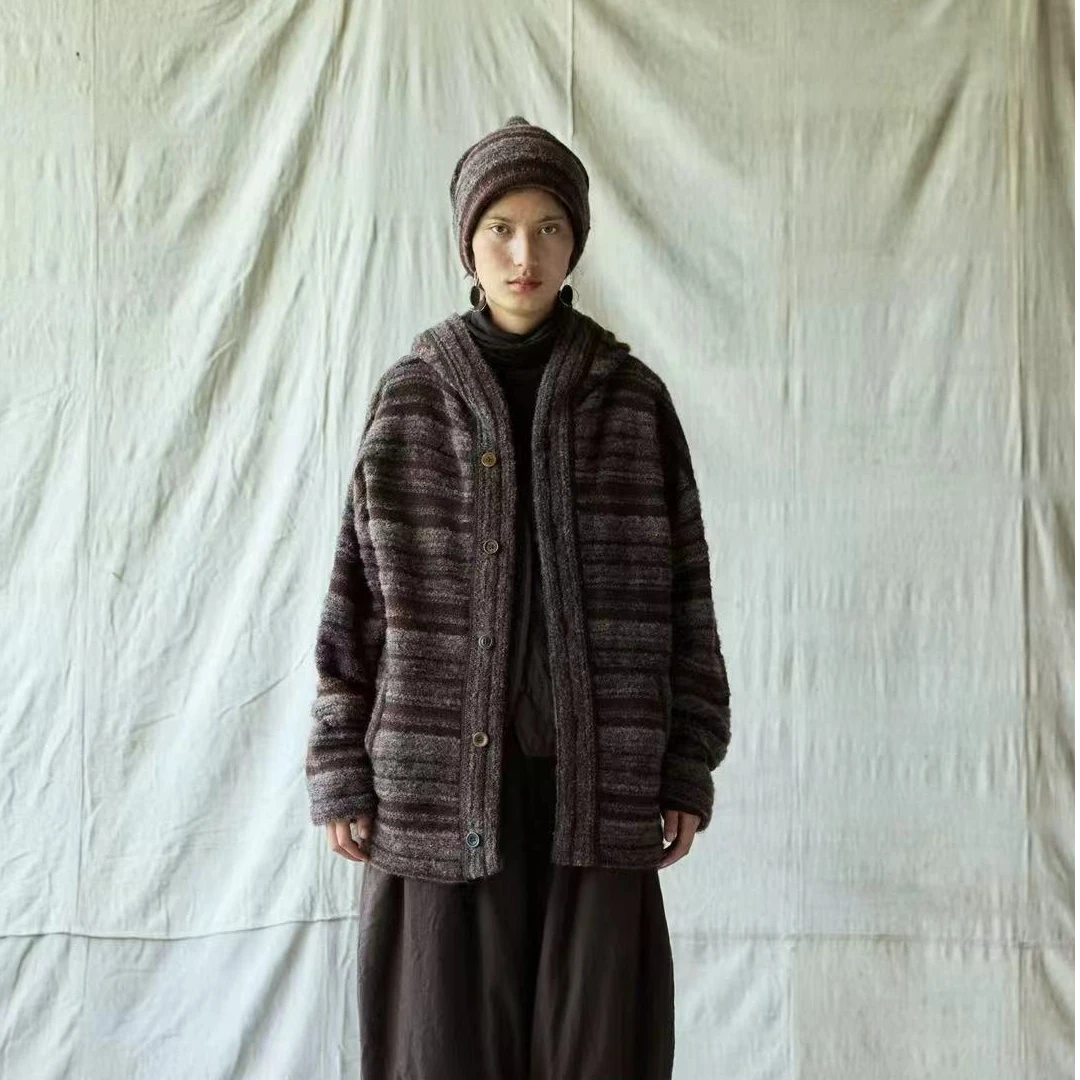 涟香家左岸迷香针织开衫7117复古加厚保暖秋冬条纹连帽宽松