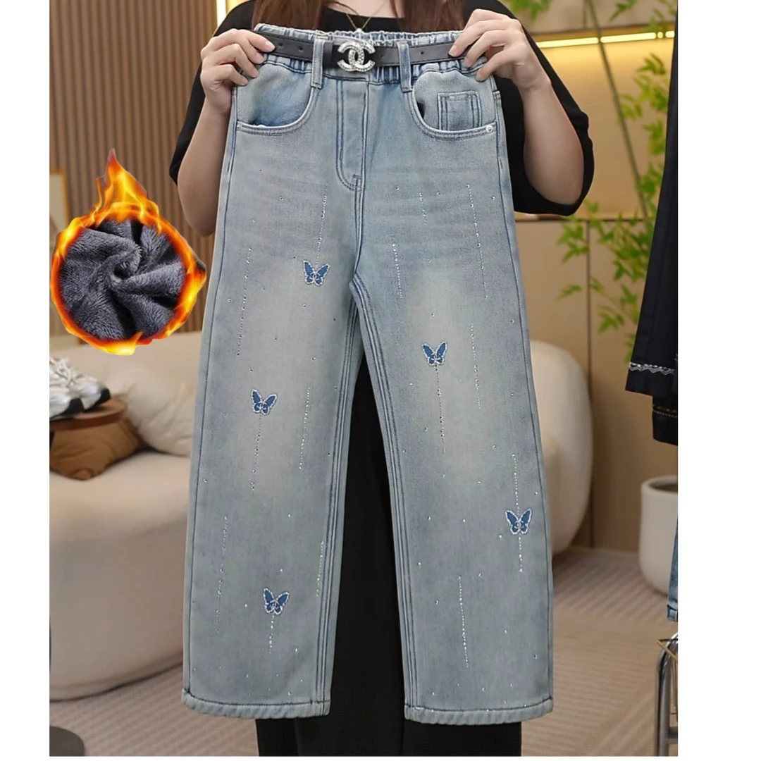 D1114冬季加绒新款女童时尚百搭高腰蝴蝶水钻一体绒牛仔裤