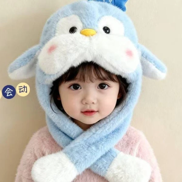 耳朵会动的卡通风围巾帽子手套一体加厚宝宝秋冬季毛绒帽可动捏捏