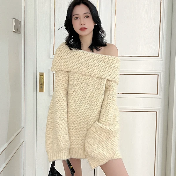 【Si&华严选】慵懒风两穿一字领露肩长袖毛衣显瘦针织衫上衣9145