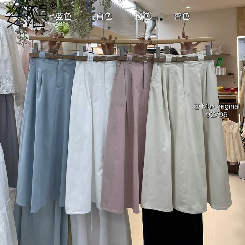 全棉洗水牛仔裙白色半身裙中长款2025秋季韩系简约显瘦A字长裙子