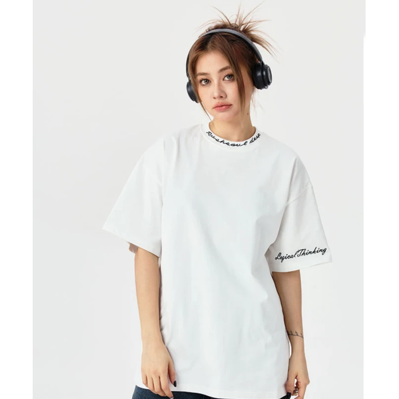 RUSHSOUL基础百搭刺绣圆领纯棉潮牌休闲宽松男女短袖t恤