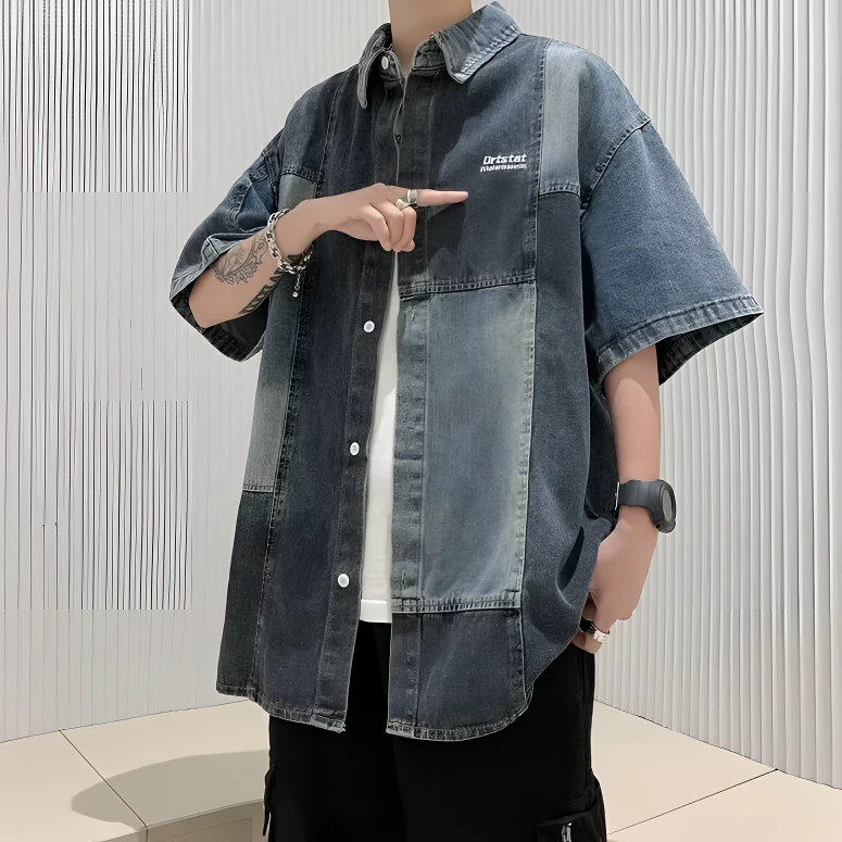 夏季美式拼接撞色牛仔衬衫男女款设计感百搭衬衣宽松设计感休闲衫