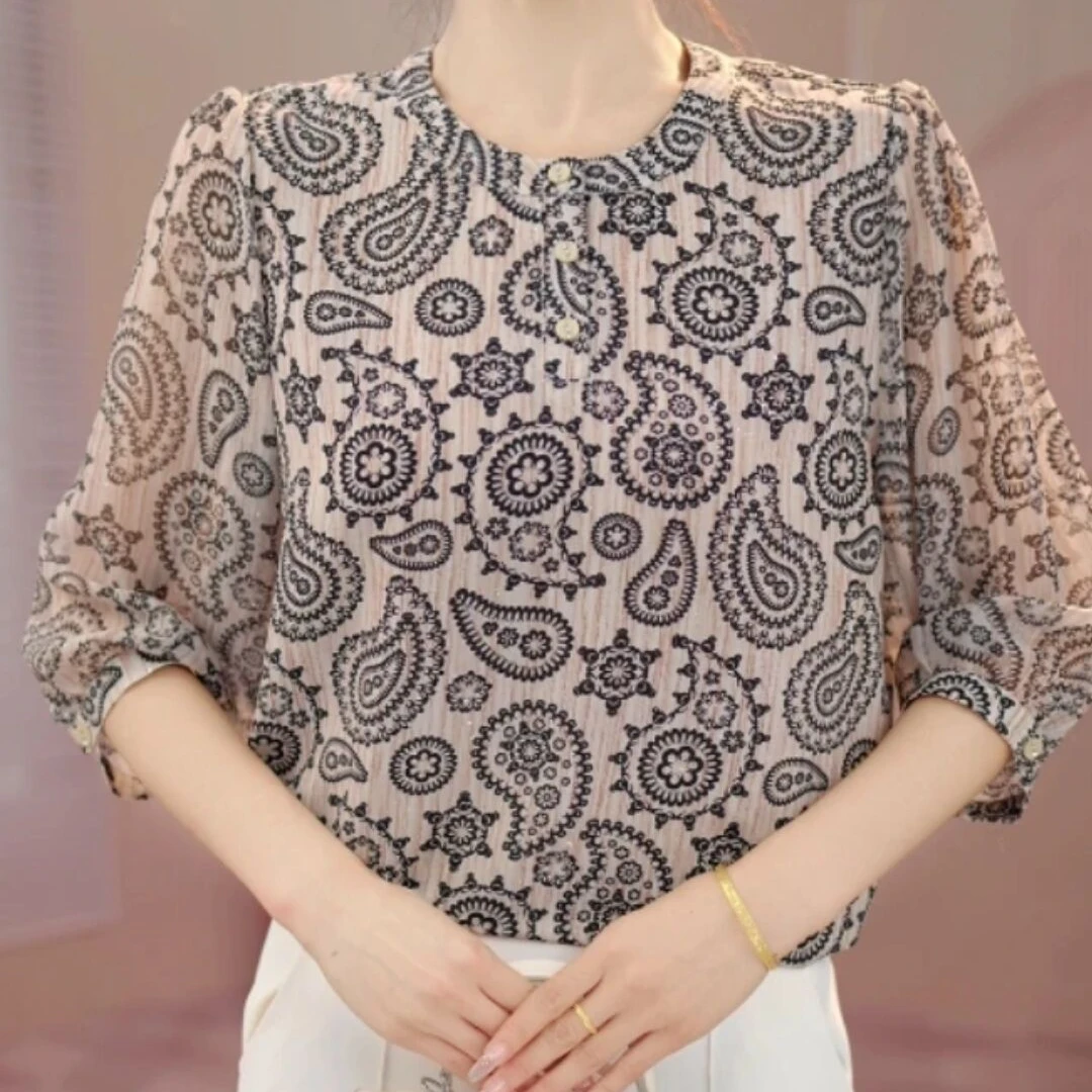 【洒银工艺】夏季薄款冰丝衬衫中年妈妈装显瘦宽松新款七分袖上衣