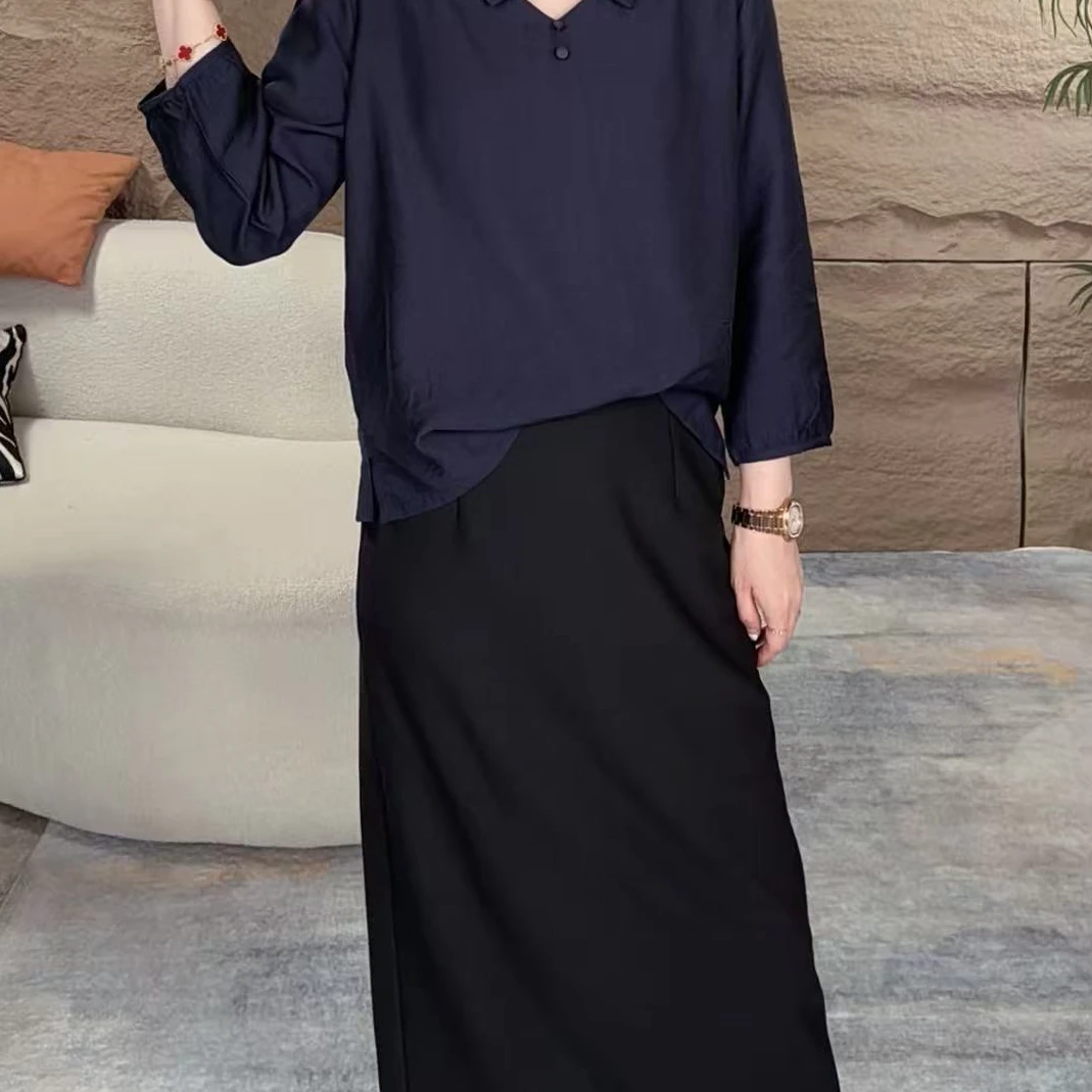 新款设计感直筒松紧腰下摆木耳边半身裙显瘦半身长裙气质百搭