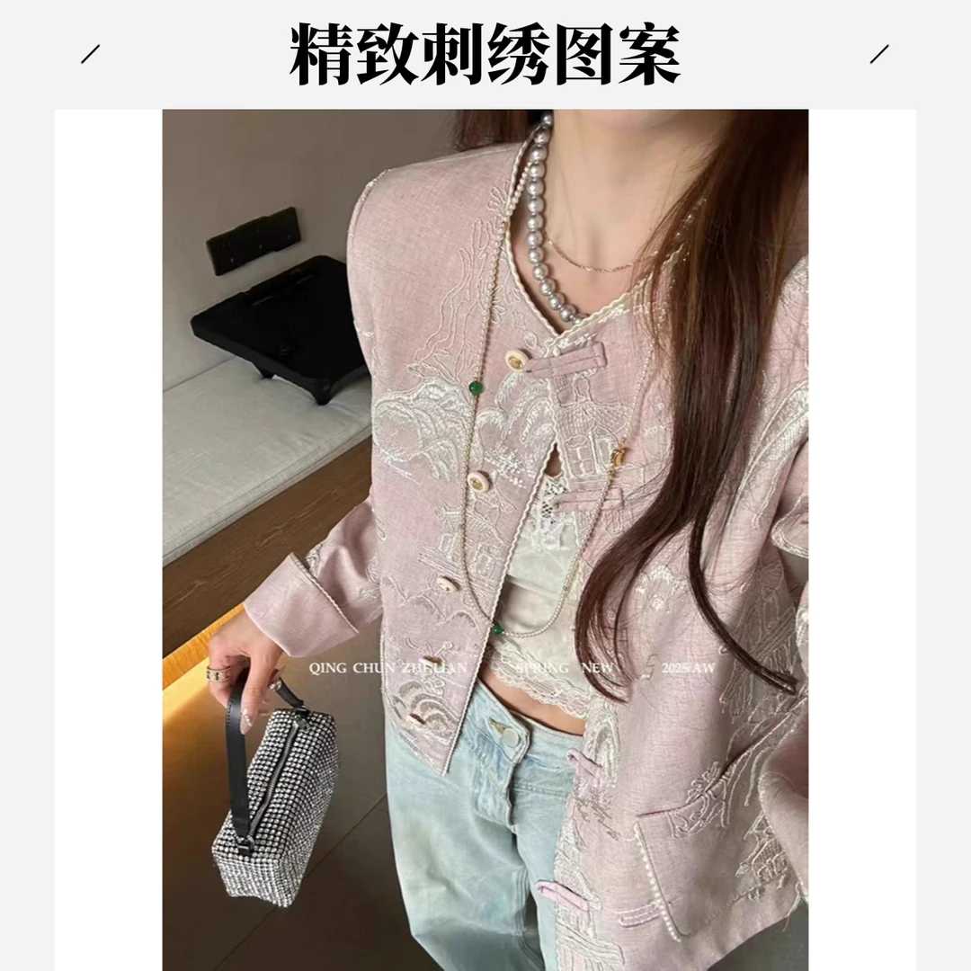 2025春装新中式国风刺绣圆领外套女短款小个子高级感宽松设计感