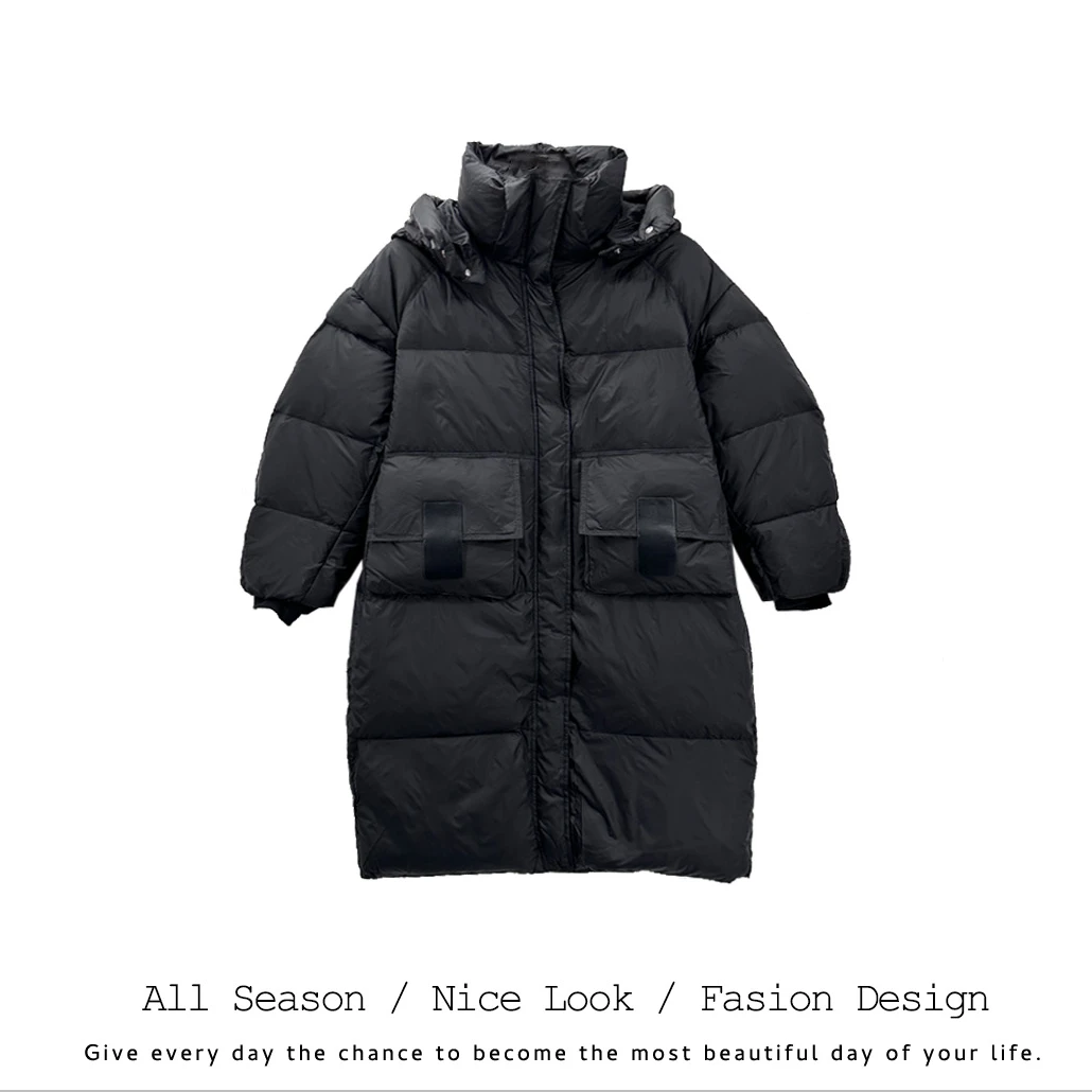 364      黑色超长过膝宽松连帽韩版加厚外套        款号#1325