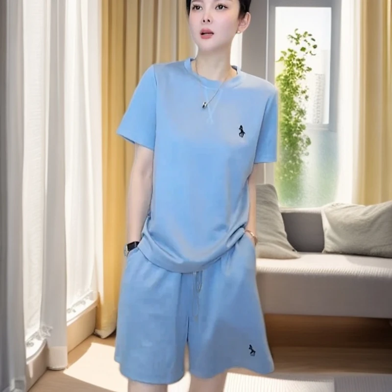 2025运动套装女夏季休闲时尚超火炸街减龄洋气蓝色短袖短裤两件套